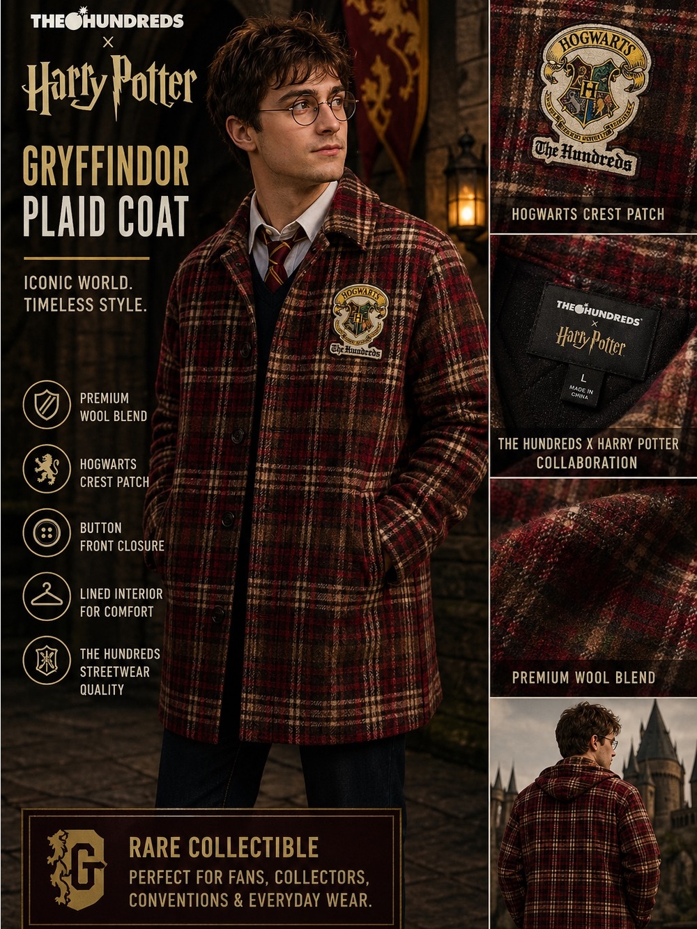 The Hundreds Harry Potter Gryffindor Plaid Wool Blend Coat Jacket Mens